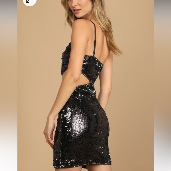 Lulus Sultry Soiree Black Sequin One-Shoulder Cutout Mini Dress Size Large - Picture 3 of 9